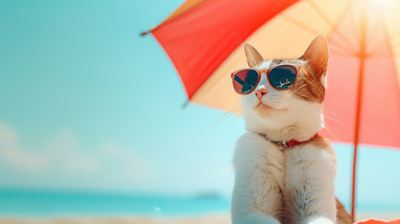 A beautiful cat with glasses under an umbrella on the beach. Hello summer!の素材