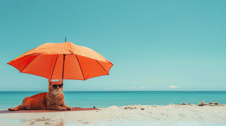 A red-haired cat under an orange umbrella on the beach. Hello summer!の素材