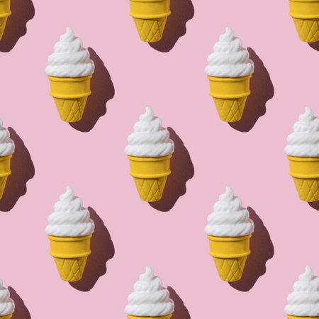 Seamless pattern of ice cream cups on a pink background. Summer concept.