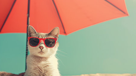 Cute kitty with glasses under an umbrella on the beach. Hello summer!の素材