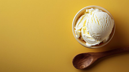 A ball of creamy ice cream and a wooden spoon on a yellow background. A summer treat.の素材