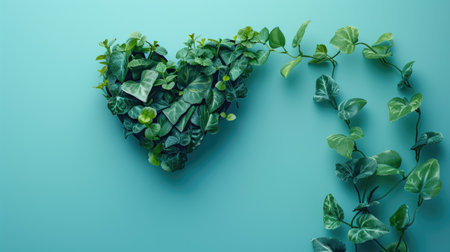 A heart made of leaves of a climbing plant on a blue background. The concept of love and health.の素材