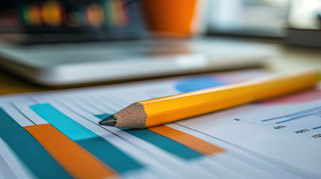 A pencil lying on top of a business analysis sheet on the desktop. The concept of business reports.の素材