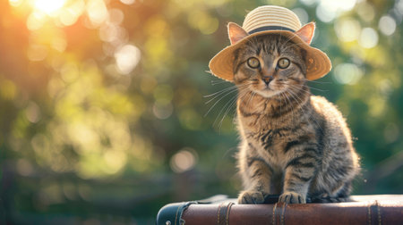 A kitten in a hat sitting on a suitcase against a background of green trees. The concept of vacation. Hello summer!の素材