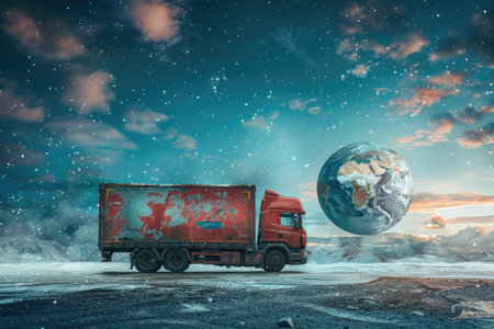 The truck as a symbol of global cargo transportation. The concept of automobile delivery of goods.の素材