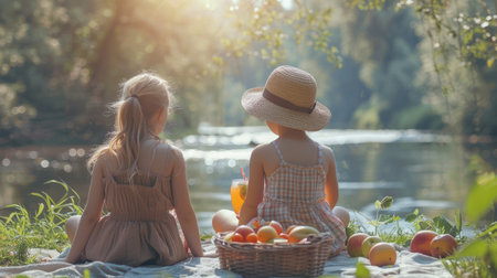Two little girls having a picnic on the banks of a quiet river. Outdoor recreation. Hello summer.の素材