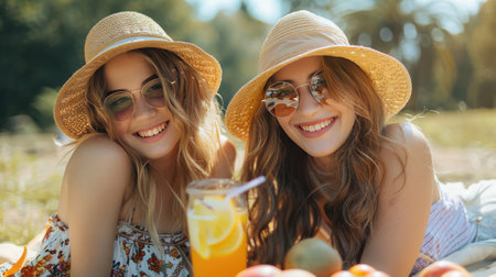 Two happy girls in hats and glasses on a picnic. Outdoor recreation. Hello summer.の素材