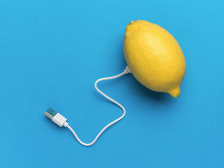 A large ripe lemon with a connected USB cable on a blue background. A creative image.