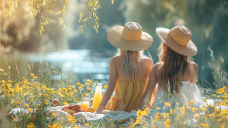 Two young girls are relaxing near the river. Outdoor recreation. Hello summer.の素材