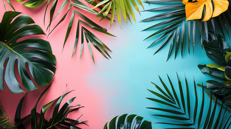 Green tropical leaves on a pink and blue background. Creative advertising. A banner for the summer sale.の素材