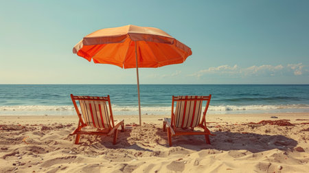 A deserted beach with two sun loungers and an umbrella. Hello summer! Vacation concept.の素材