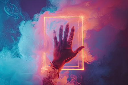 A hand with bracelets on the background of a luminous frame. The art of holography.の素材