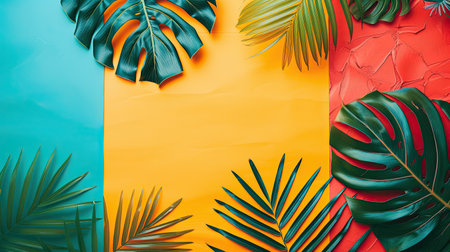 Tropical leaves on a tricolor background. Creative advertising. A banner for the summer sale.の素材