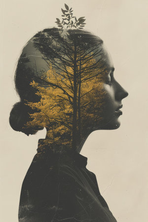 A creative collage of a beautiful girl and trees. Portrait of a spiritual transformation. A collage of contemporary art.の素材