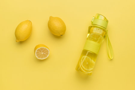 Fresh lemons and a bottle of water with lemon on a yellow background. A refreshing drink for training.の写真素材