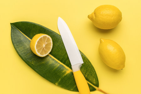 Fresh lemons and a ceramic knife and a large green leaf on a yellow background. A popular citrus fruit.の写真素材