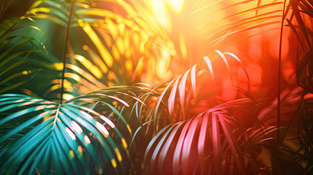 Rainbow light falling on tropical leaves. The concept of summer holidays.の素材
