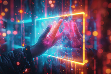 A holographic image of a hand on an abstract background in neon light. The art of holography.の素材