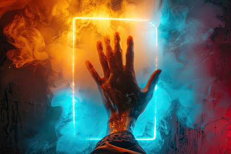 A hand reaching for a luminous frame on an abstract background. The art of holography.の素材