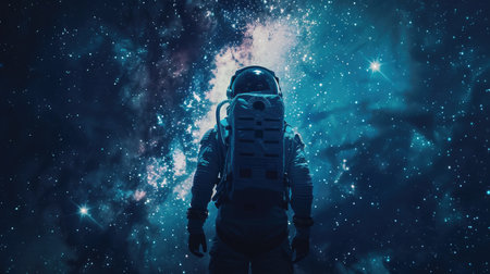 An astronaut in a modern spacesuit against the background of the Milky Way. The concept of space travel and discovery.の素材