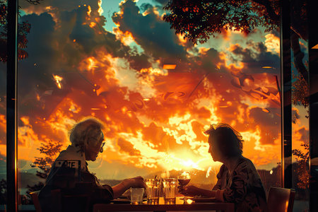 An elderly couple is having dinner against the background of a bright beautiful sunset. A pleasant pastime.の素材