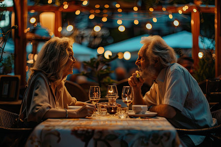 An elderly couple in a late-night summer cafe. A pleasant pastime.の素材