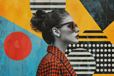 A creative collage of a beautiful girl on a background of colorful geometric shapes. A collage of contemporary art.の素材