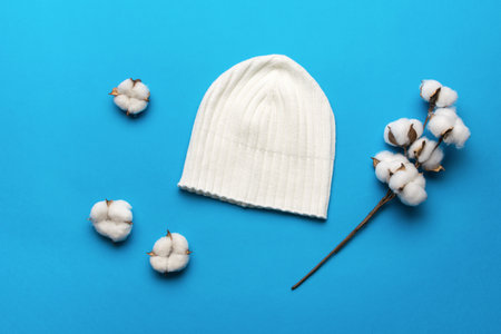 A white hat and sprigs of cotton on a blue background. A popular headdress.の写真素材