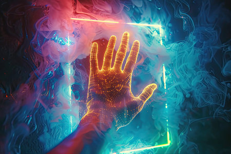 A holographic image of a hand on an abstract smoke background. The art of holography.の素材