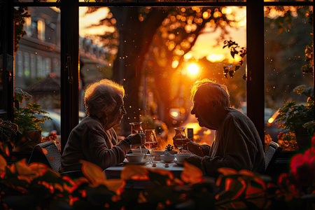 An elderly couple's dinner on the background of the setting sun. A pleasant pastime.の素材