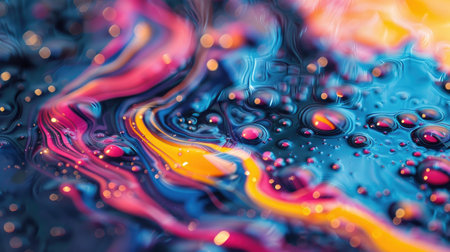The flow of a bright multicolored oily liquid. The concept of research. The brightness of the colors.の素材