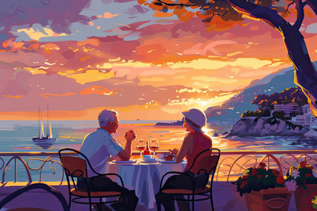 An elderly couple on the background of the sea bay. A pleasant pastime.の素材