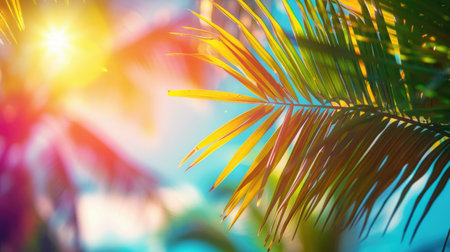 Iridescent sun rays in palm leaves. The concept of summer holidays.の素材