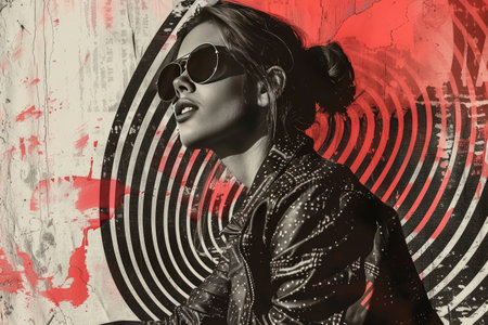 Creative art collage of a girl on an abstract retro background.. A collage of contemporary art.の素材