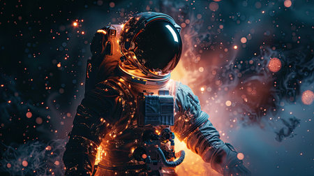 An astronaut on the background of a bright flash of a distant planet. The concept of space travel and discovery.の素材
