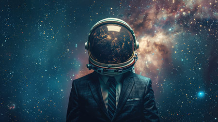 A businessman in a spacesuit against the background of the universe. The concept of space travel and discovery.の素材