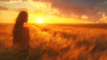 A beautiful girl in a field of ripe rye at sunset. Summer composition. Hello summer.の素材
