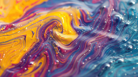 A macro image of a blue-yellow oily liquid. The concept of research. The brightness of the colors.の素材