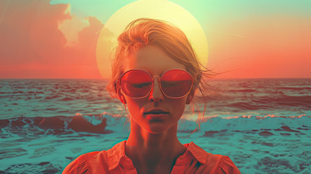 A girl with glasses in the rays of the setting sun. Summer concept. Hello summer.の素材