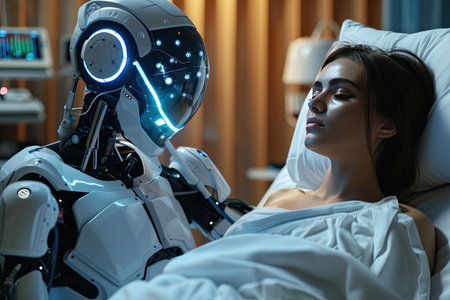 A robot watching over a sick girl. Therapy of the future. Robotic medicine.の素材