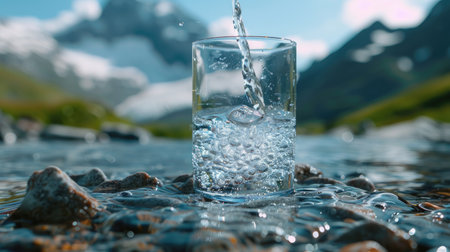Filling a glass with water against the background of mountains. The concept of clean drinking water.の素材