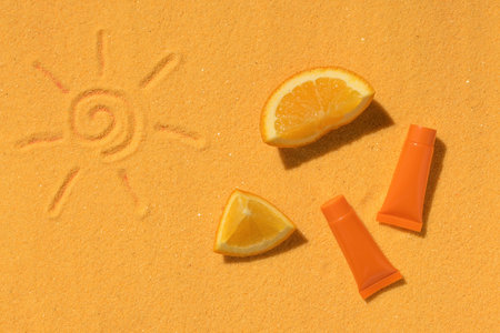 Tubes of sunscreen, pieces of orange and the sun painted on the sand. A preparation to protect the skin from sunlight.の写真素材