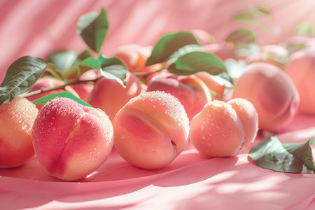 Ripe peaches with dew drops on a peach background. Juicy fresh popular fruit.の素材