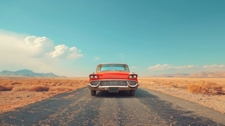 A stylish vintage red car on a deserted road. Vintage premium car.の素材