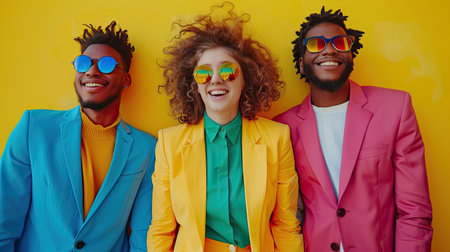 Three young men in bright suits on a yellow background. Modern office style.の素材