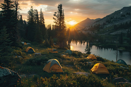 A tent camp in a forest by the river. The concept of a summer holiday in a tent camp.の素材