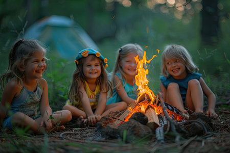 Four cheerful girls around a small campfire. Vacations in nature.の素材