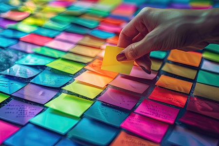 The woman chooses one of the many colored stickers. Best business practices.の素材