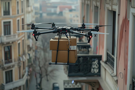 The quadcopter delivers two cardboard boxes with the goods. Cargo delivery using modern technologies.の素材