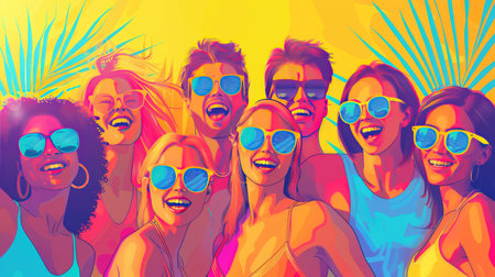 A bright colorful image of young people having fun. A creative summer party.の素材